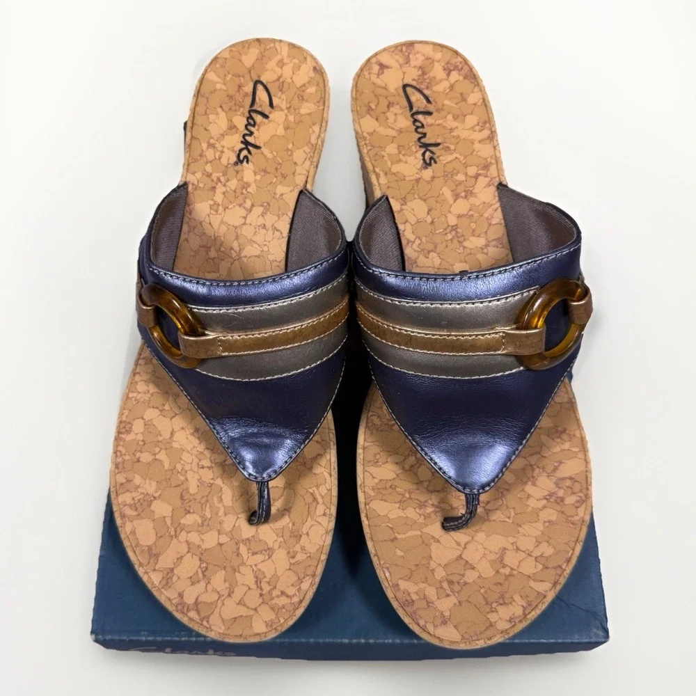 Clarks Women's Yacht Anchor Cork Wedge Flip Flop Sandals Size 10M Blue With‎ Box